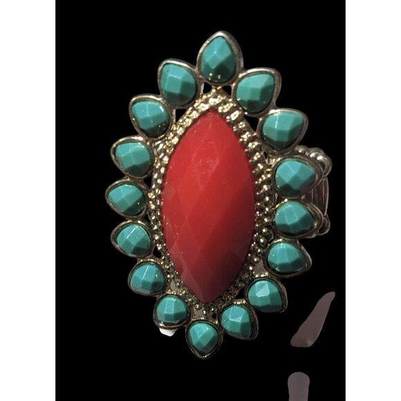 Bohemian Blue And Red Gemmed Floral Stretch Ring Size 7 - Picture 6 of 12